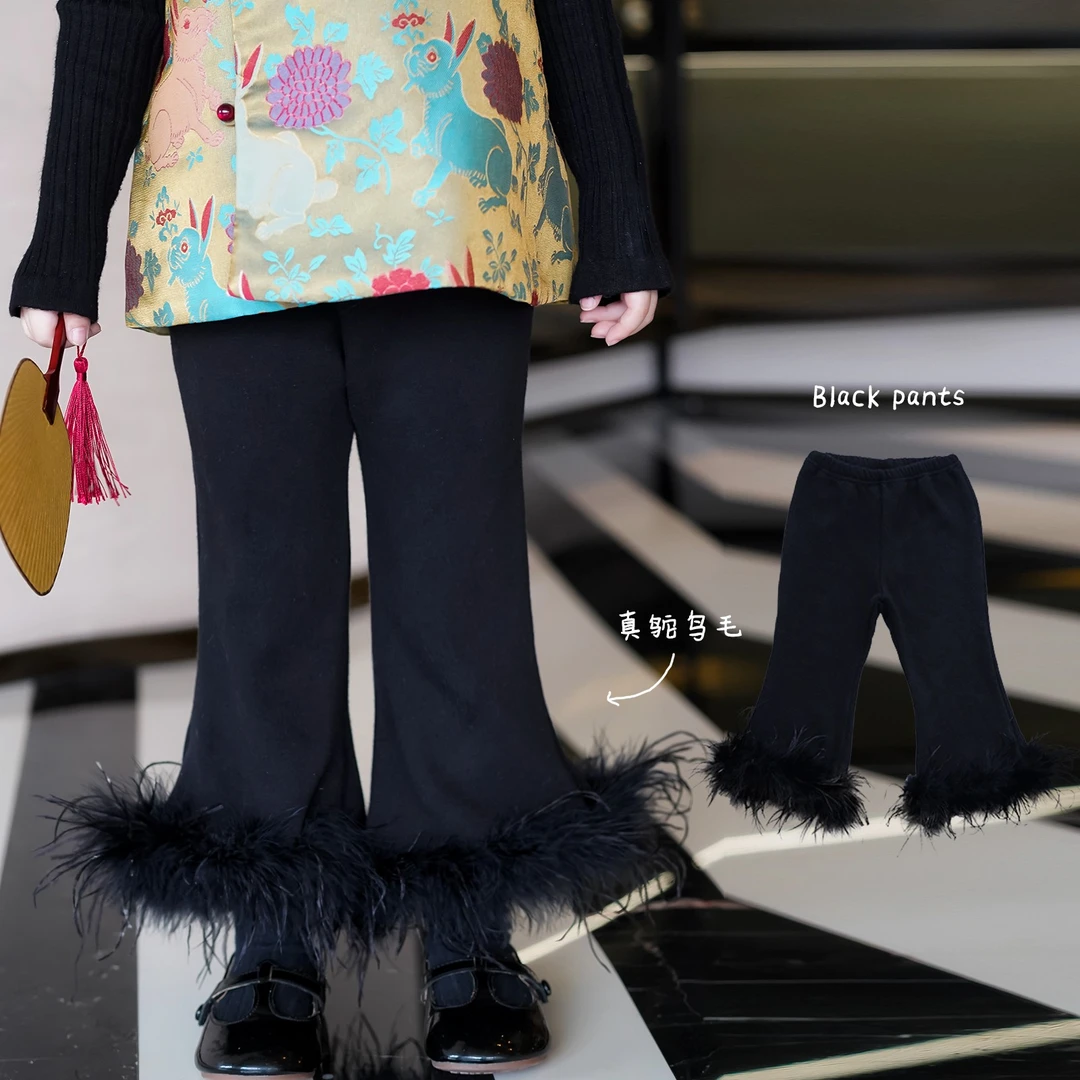 AnnieGirl冬季新款百搭时髦鸵鸟毛阔腿裤女童加绒裤子喇叭裤2024