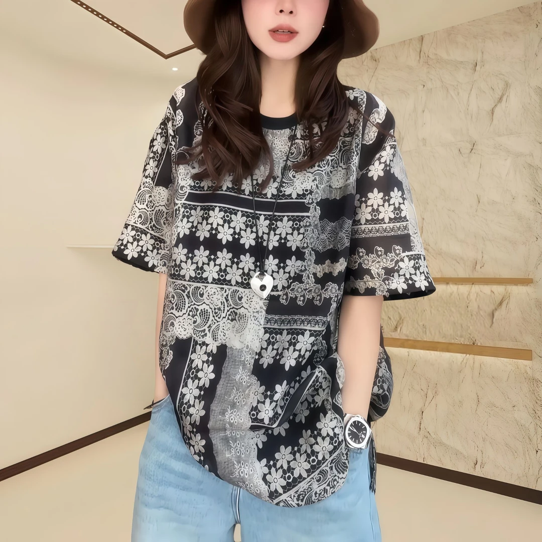 夏款小众女波西米亚风休闲百搭T恤宽松大码短袖爆款2025新款穿搭