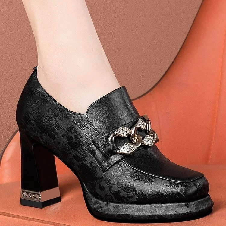 方头粗跟深口单鞋女2025新款防水台四季高跟鞋女士皮鞋不累脚