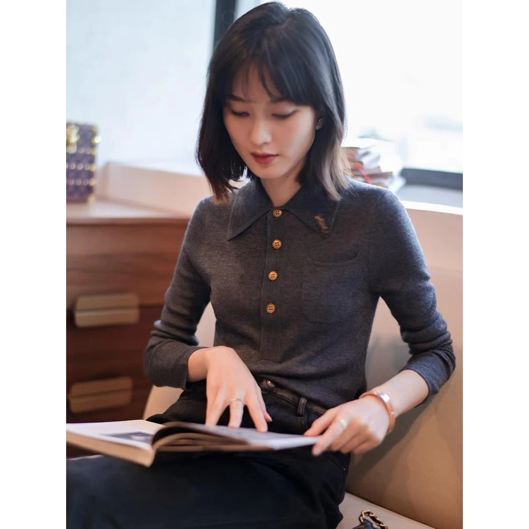 GDAMS商场同款洋气修身显瘦针织衫翻领毛衣女款爆款2025秋冬新款