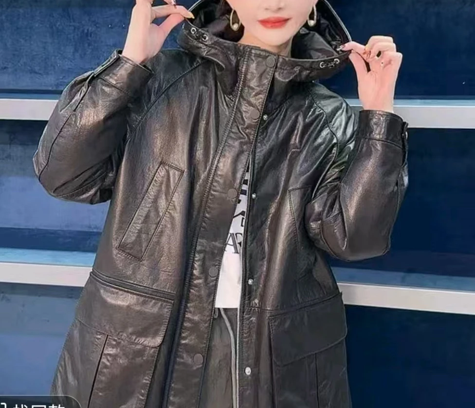 海宁2025秋冬新款爆款皮衣外套女高级感小个子牛皮油蜡中长羽绒服