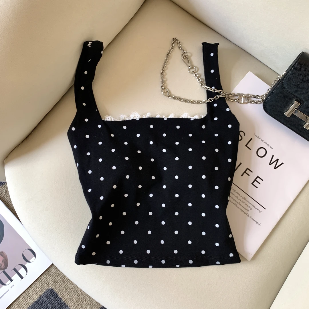 纯欲风蕾丝花边波点吊带背心女内搭美背文胸一体打底抹胸辣妹短款