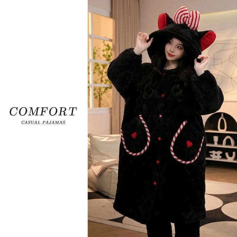 2025冬季新款三层夹棉睡袍女加绒加厚珊瑚绒保暖睡衣女家居服套装