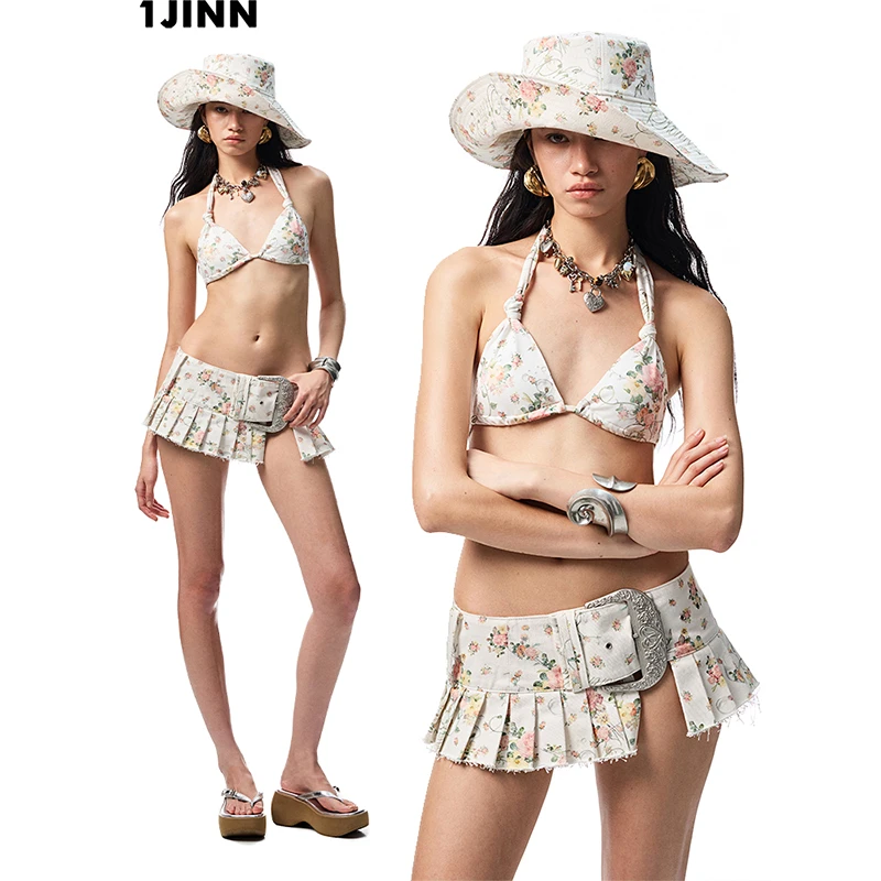 【25夏新vol.2】斜纹碎花帆布低腰超宽腰头百褶裙摆开叉腰封