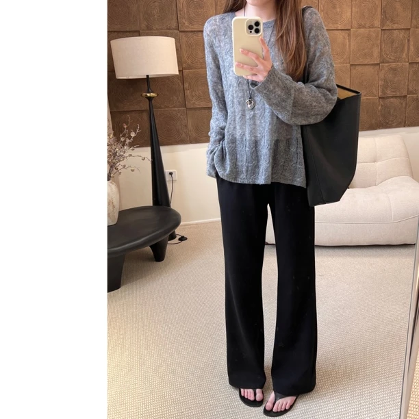 W.M.M小黑裤/黑色显瘦百搭松紧腰微喇休闲裤