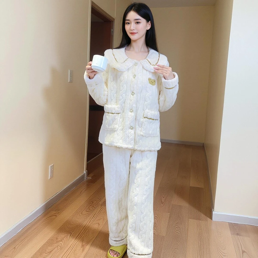 法兰绒睡衣女秋冬款加绒加厚甜美少女可外穿珊瑚绒家居服套装Y91