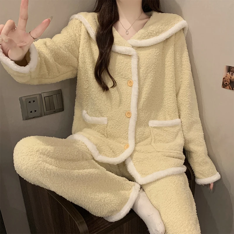 软绵绵半边绒睡衣女款冬季加厚加绒珊瑚绒两件套高级感纯色家居服