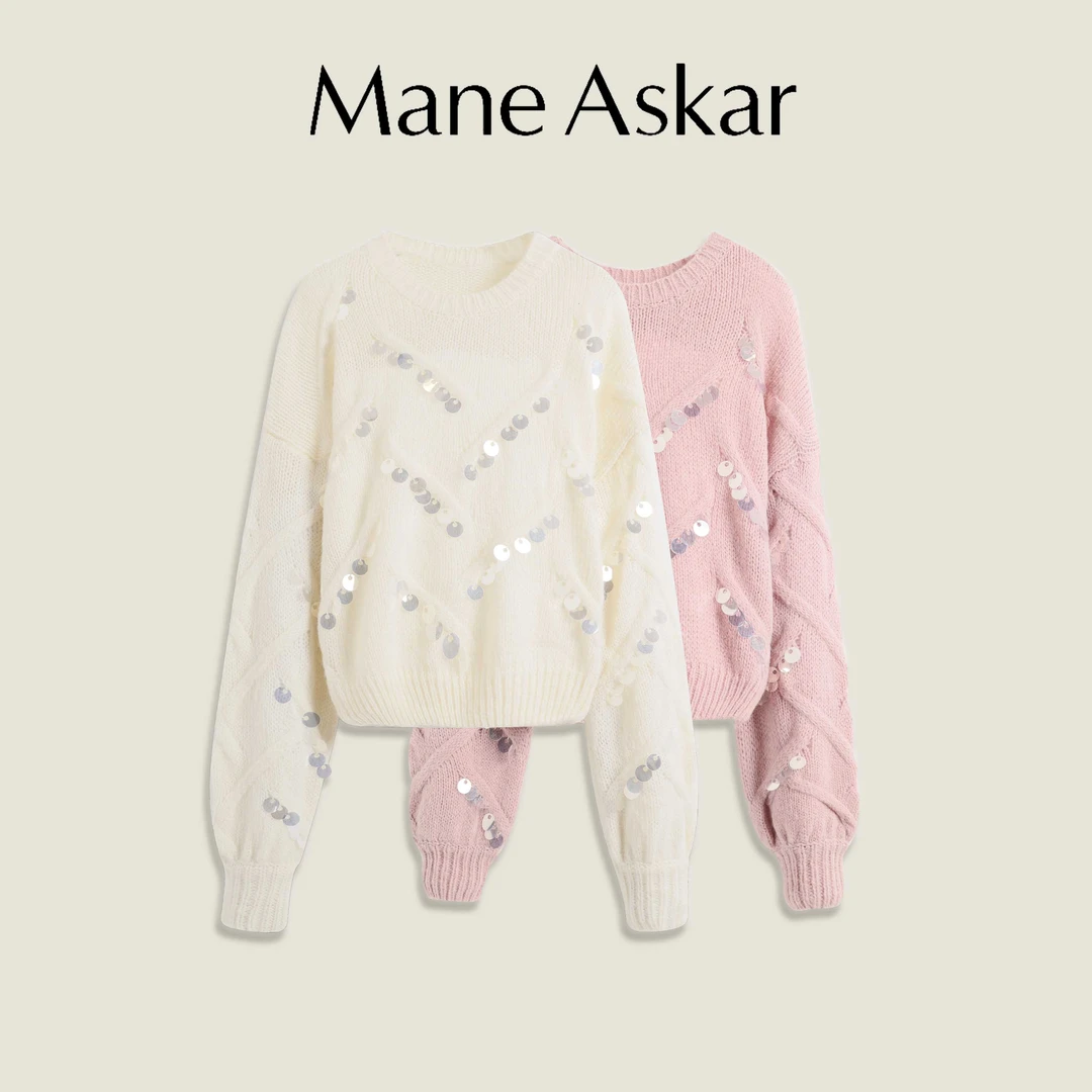 【丫头baby专属】秋冬时髦慵懒亮片宽松圆领毛衣女装上衣OK0991