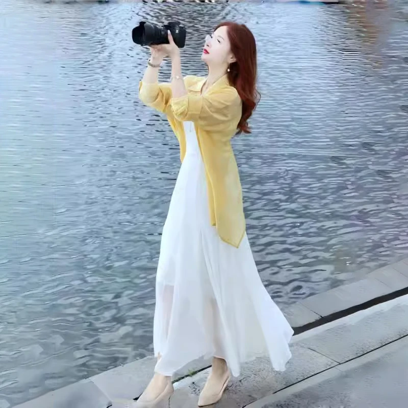 海边度假连衣裙女2025夏季新款冰丝防晒衬衫吊带裙两件套装长裙子