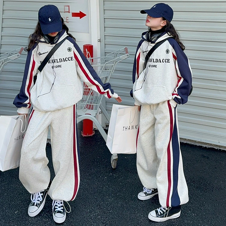 女童套装秋冬款2024新款女大童拼色连帽卫衣竖条运动裤加绒两件套