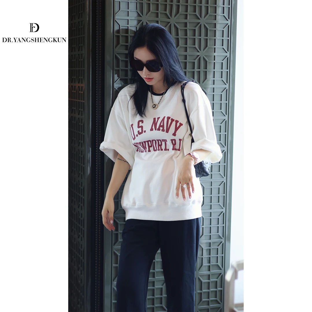 杨圣坤2025秋季新品轻奢高级感纯棉中袖字母洗水卫衣女SQ2581422