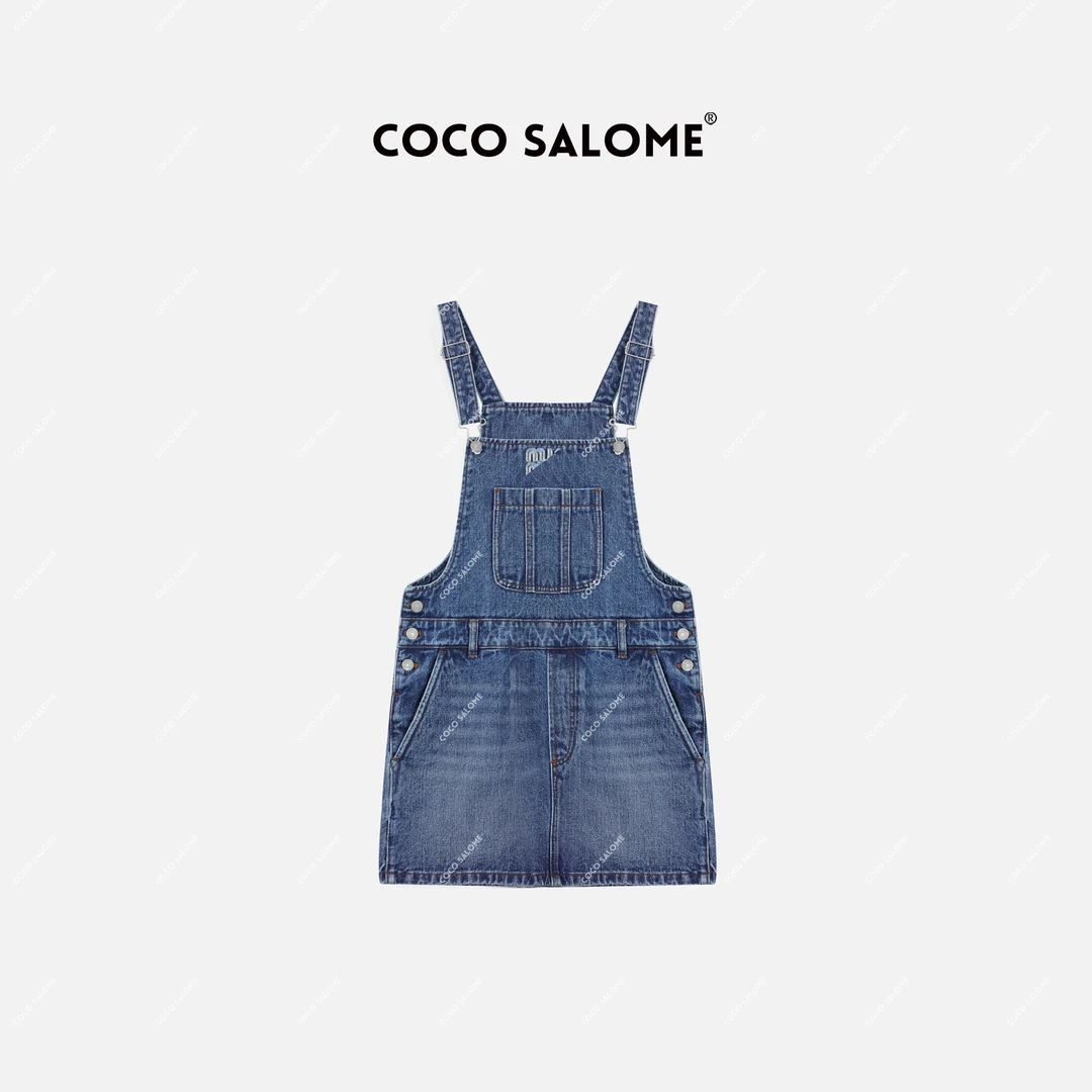 COCO SALOME⑥【校园日记】100%棉水洗拼接短牛仔连体裤1878