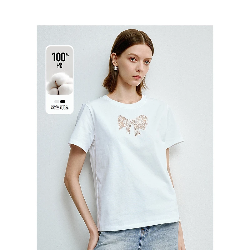 迪赛尼斯夏季通勤气质正肩显瘦百搭纯色圆领短袖T恤女