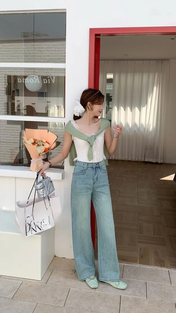 水原家 大码复古港风弹力高腰窄版阔腿直筒牛仔裤898