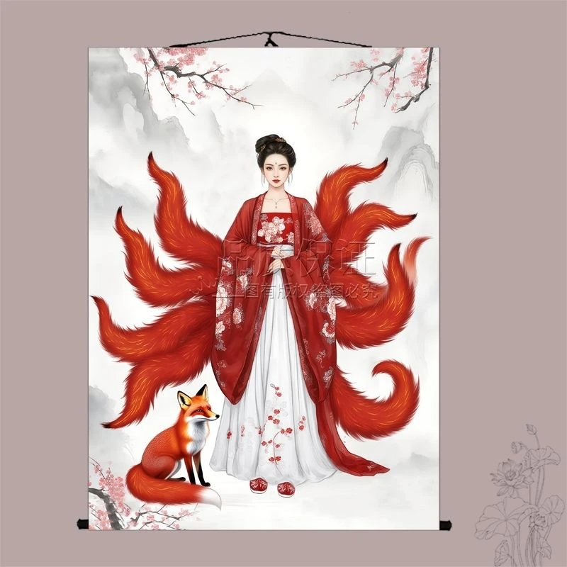 红色九尾狐挂画东北出马堂口供奉客厅胡家娘娘狐狸画像招财卷轴画