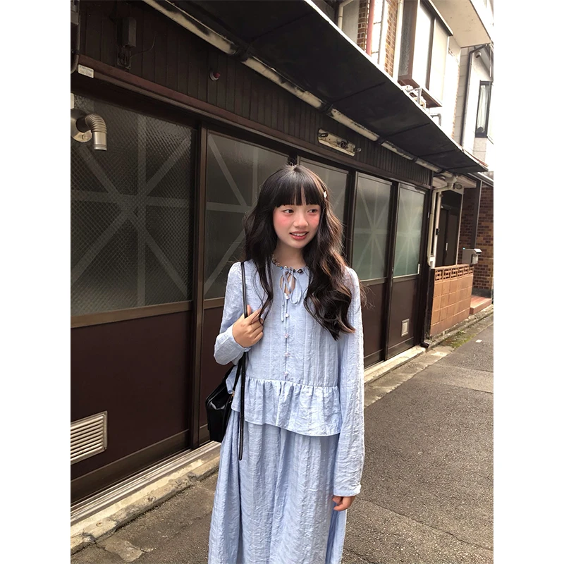 嘿山姥姥蓝色系带连衣裙女秋季新款宽松显瘦肌理感A字设计感长裙