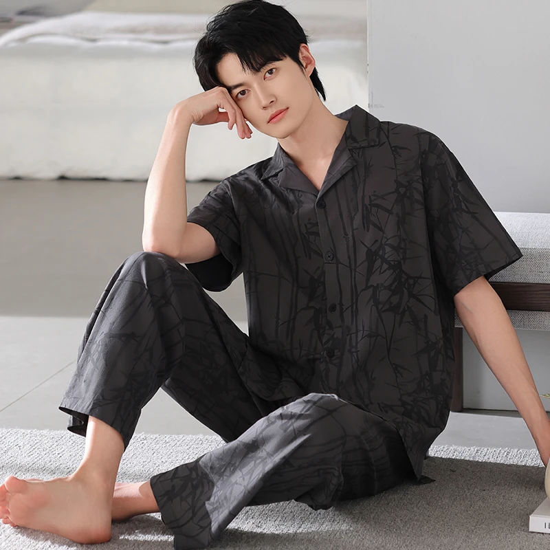 YIHAN-夏季新款薄款纯棉睡衣男高档透气夏天可外穿男士家居服套装