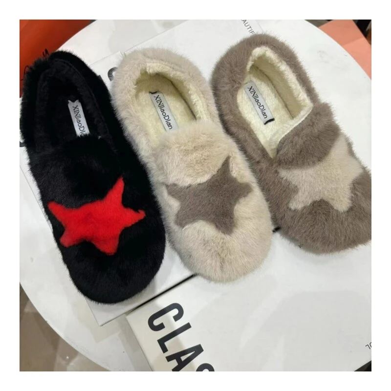 [9902]毛绒绒鞋女冬季时尚百搭洋气加绒棉鞋简约外穿包跟棉豆豆鞋