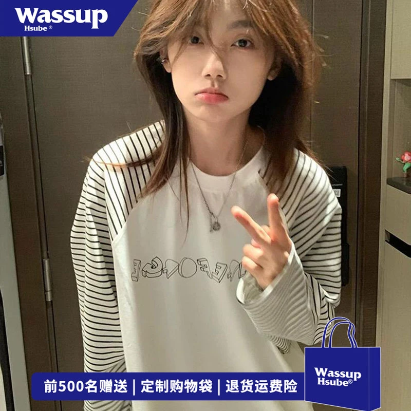 WASSUP HSUBE秋季趣味字母印花纯棉长袖t恤女宽松休闲条纹上衣服