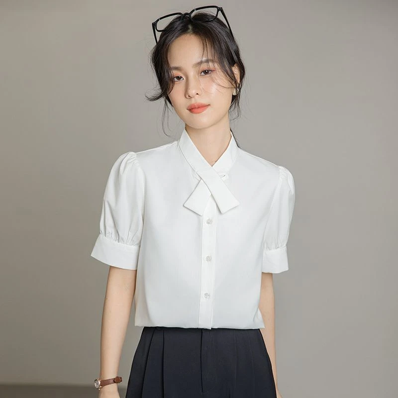 甜美法式气质短袖衬衫女2025年夏季新款设计感泡泡袖休闲通勤上衣