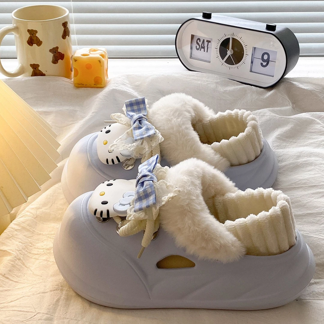 可拆卸EVA棉拖冬季新款蝴蝶结小猫外出软底保暖全包棉拖鞋女生