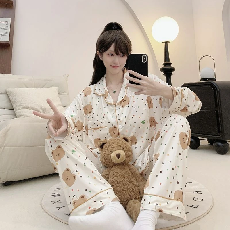 2025新款胸垫睡衣春季仿棉开衫长袖套装宽松大码250斤可穿家居服