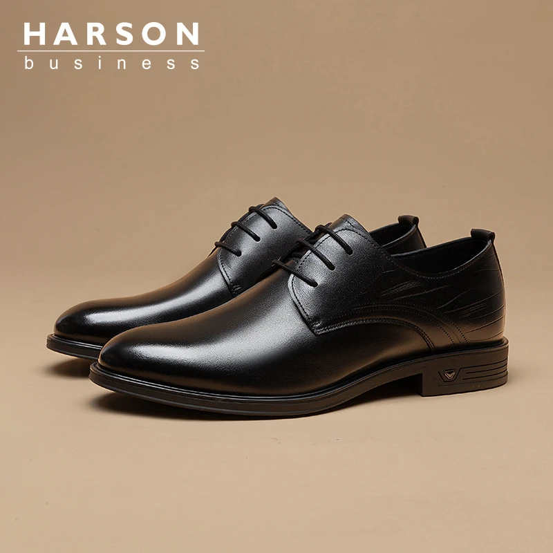 Harson/哈森头层牛皮男士办公室商务皮鞋尖头黑色休闲男士德比鞋