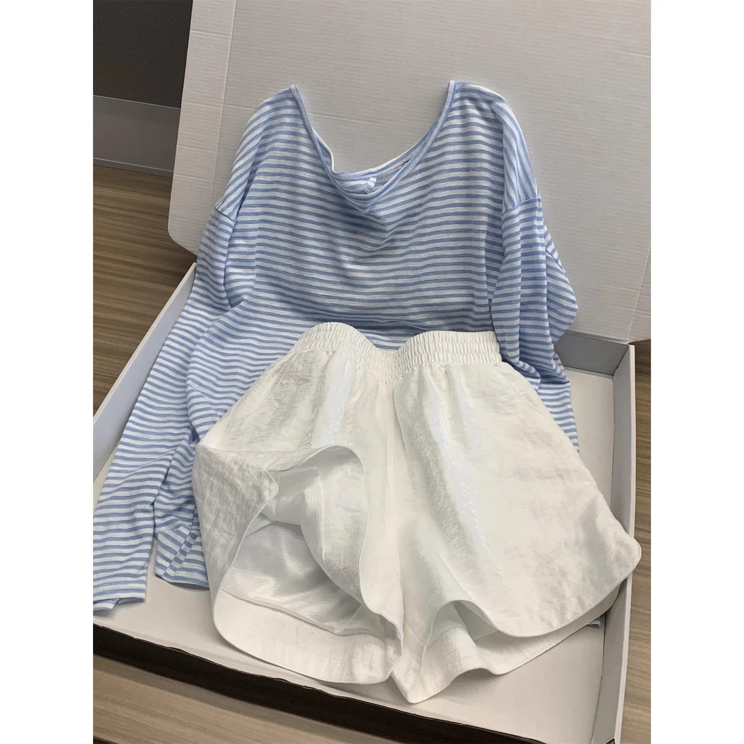 韩版甜美简约撞色条纹睡衣女春季款宽松大码家居服