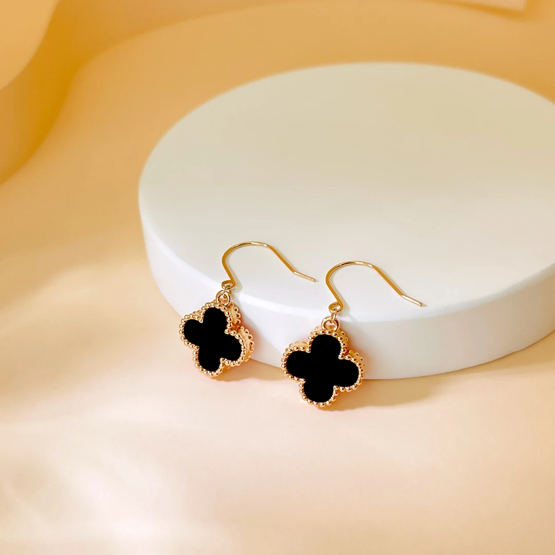 DEMONE/黛慕妮18k金四叶草耳环镶嵌黑玛瑙一对耳饰时尚经典百搭款