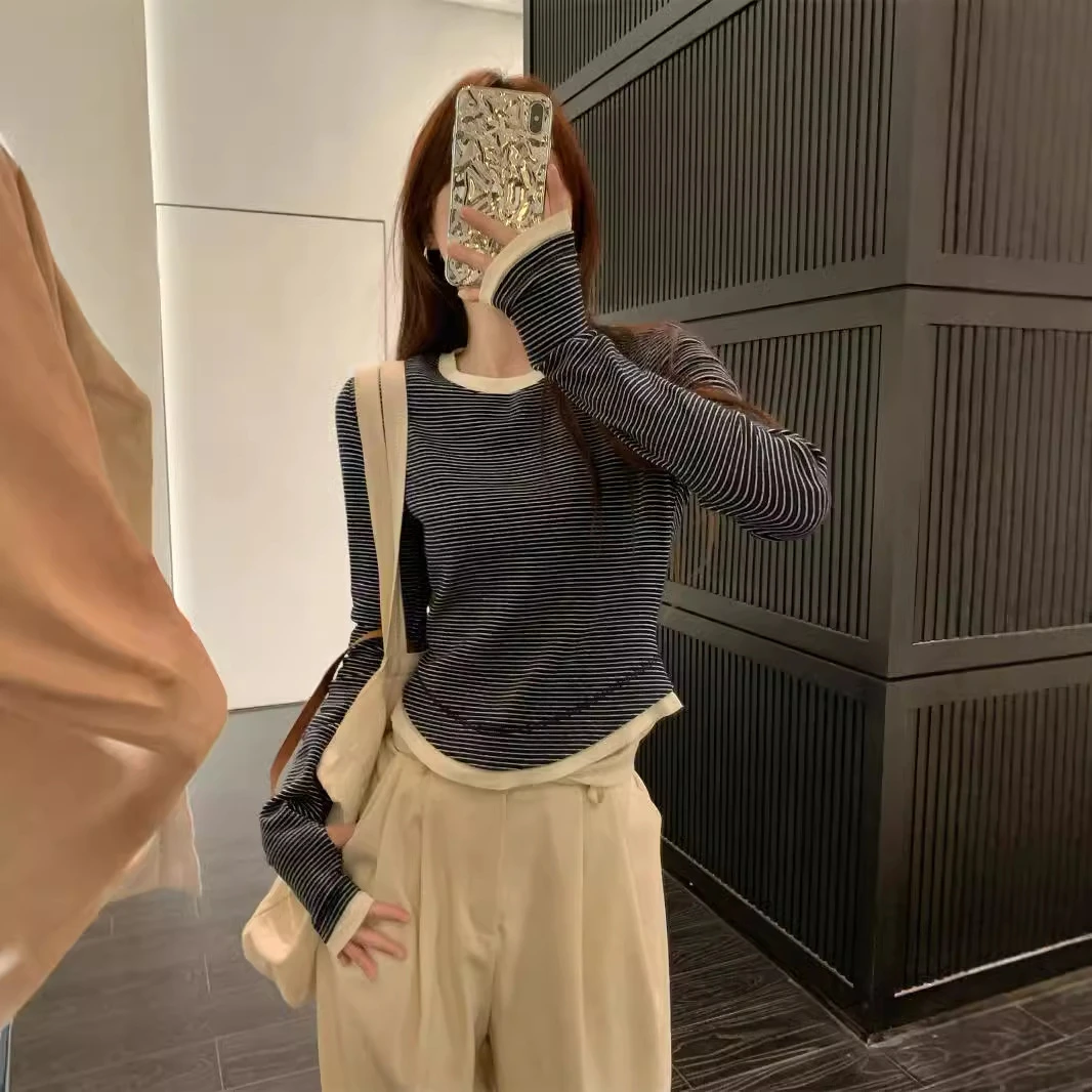 美式2025早春韩版修身撞色复古条纹假两件设计感长袖T恤女装上衣