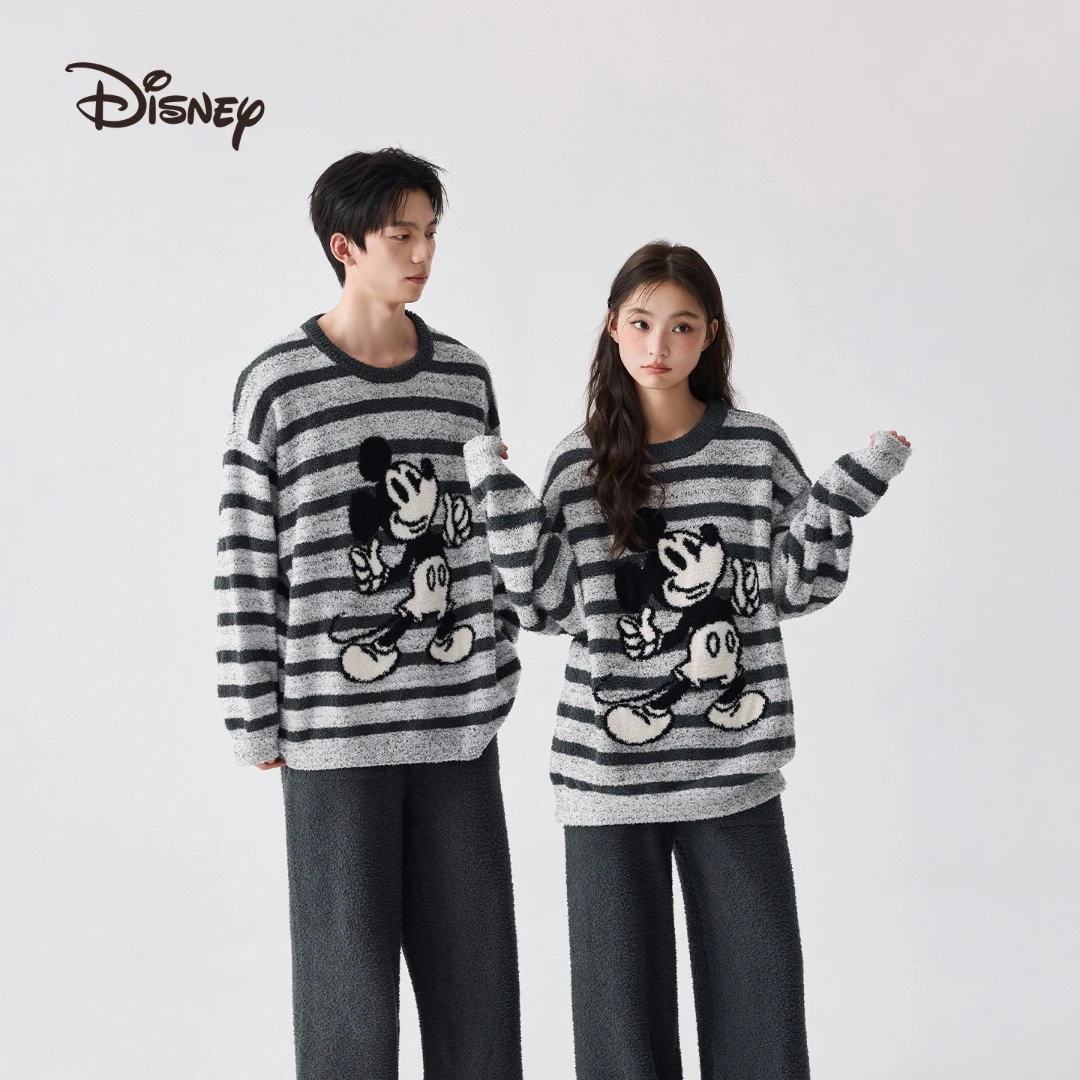 迪士尼米奇半边绒可外穿卡通条纹保暖情侣睡衣家居服套装冬