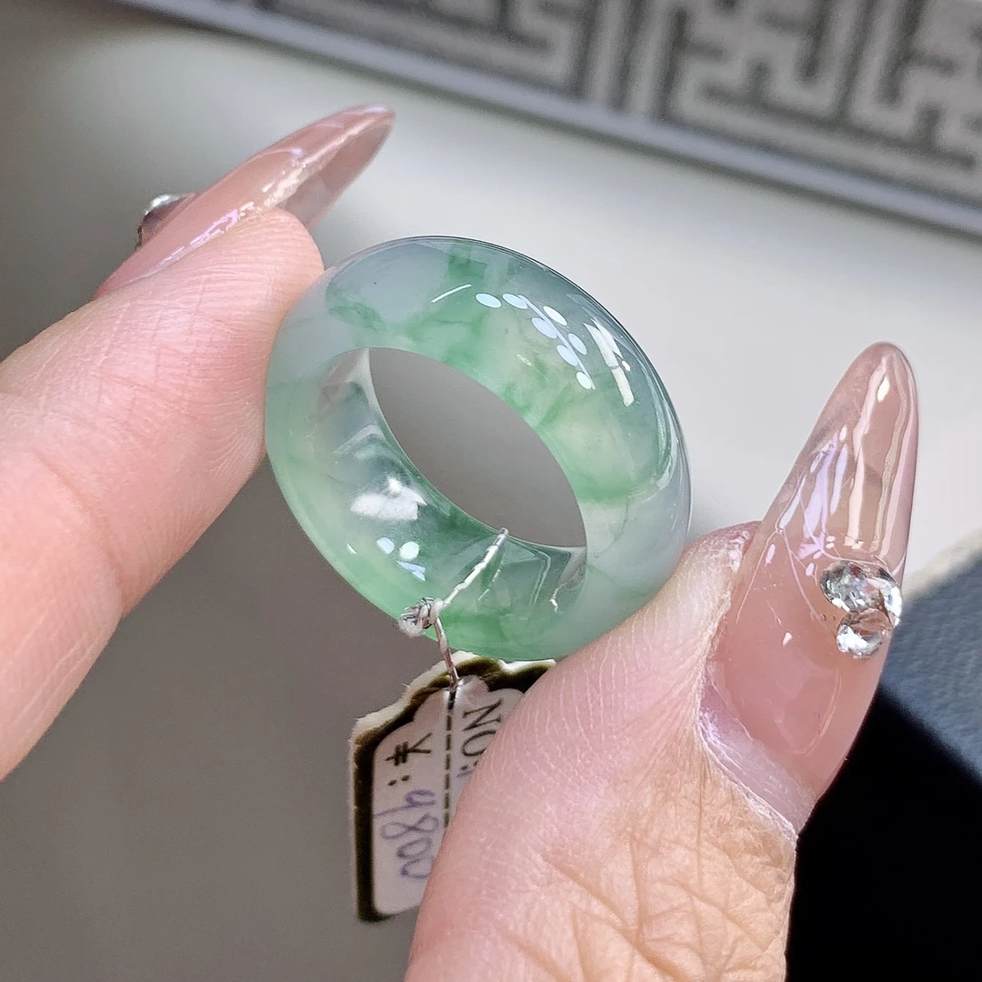 冰种飘绿花缅甸翡翠玉指环 小圈口轮胎 11号12号 16.1-8.2-4.1mm