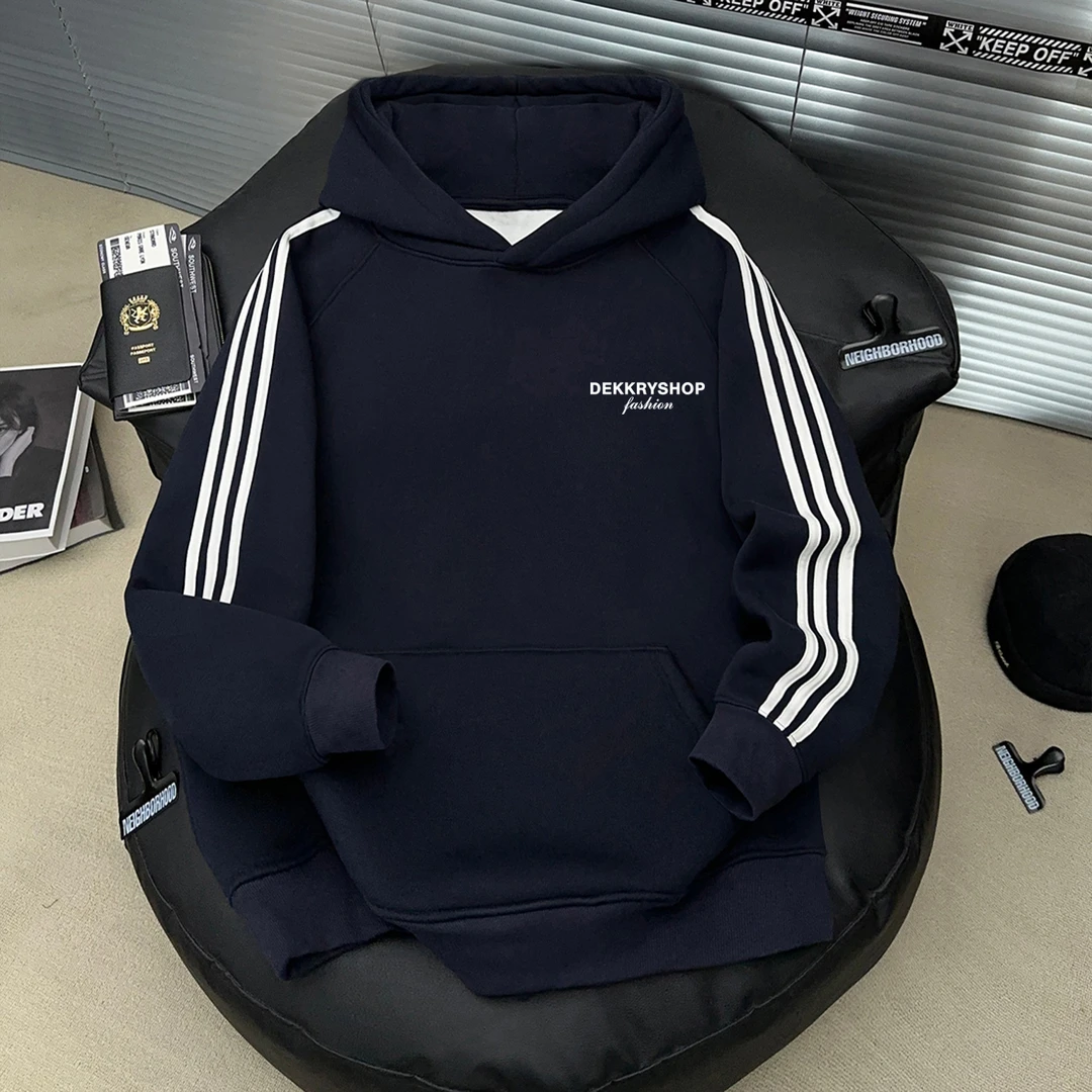 美式秋冬三条杠设计男女休闲卫衣藏青色英文印花连帽加绒加厚上衣