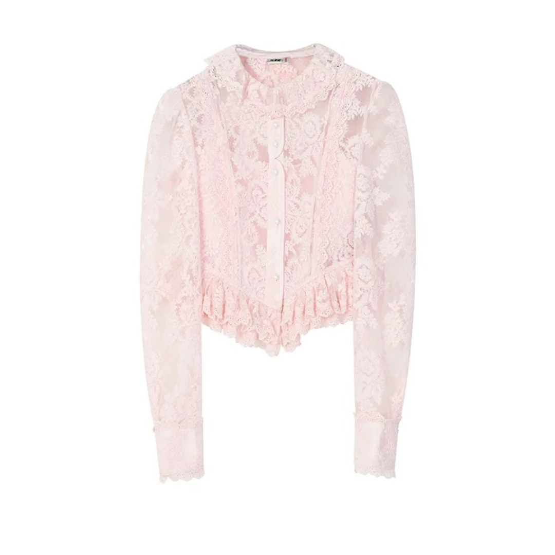 LeFame/拉飞姆冬复古浅色花朵藤蔓钉珠网纱蕾丝上衣LF24D11SB277