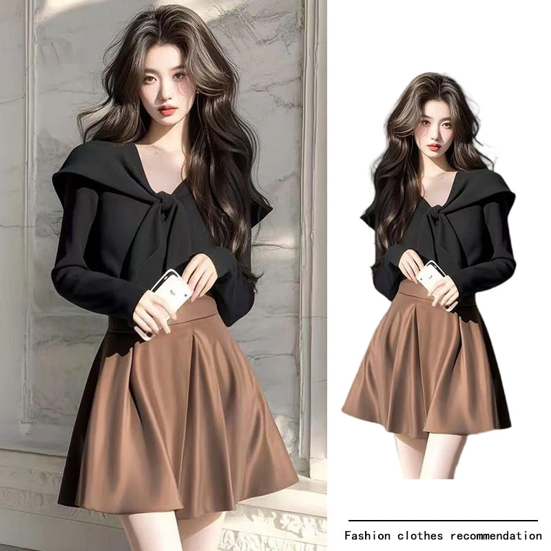 早春穿搭一整套法式气质炸街减龄性感气质上衣减龄棕色半身裙套装