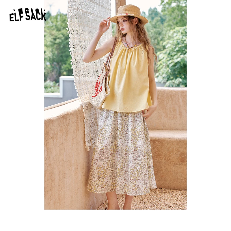 【达人专属】妖精的口袋新款浅蓝色无袖上衣碎花长裙套装仙