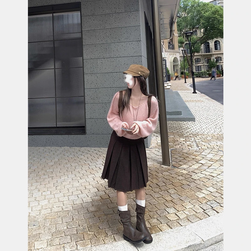 韩系复古百褶a字半身裙女学院风高腰遮肉显瘦气质百搭中裙