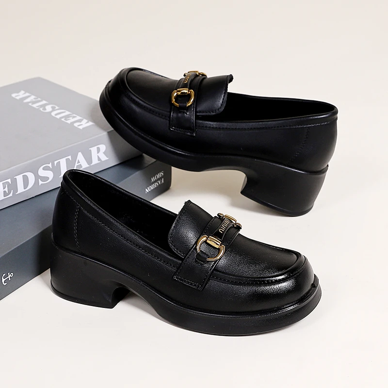 乐福鞋女平跟厚底增高英伦工作鞋2025春秋新款真牛小皮鞋通勤单鞋