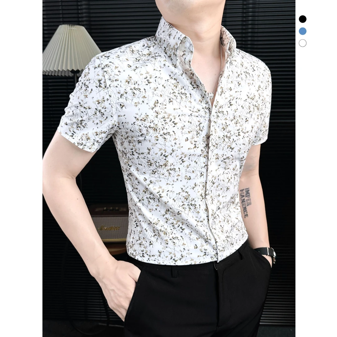 千禧风男士碎花衬衫夏季新款网红洋气炸街男装细碎印花衬衣男短袖