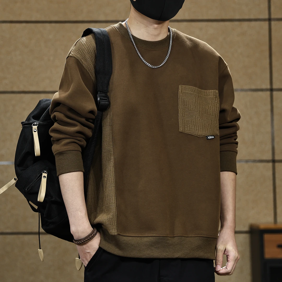 高端420g重磅拼接卫衣男士春秋新款宽松大码圆领打底衫美式上衣男