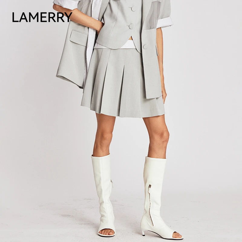 LAMERRY 灰色不对称条纹撞色翻折腰头经典减龄百褶短裙 LWFS3Q155