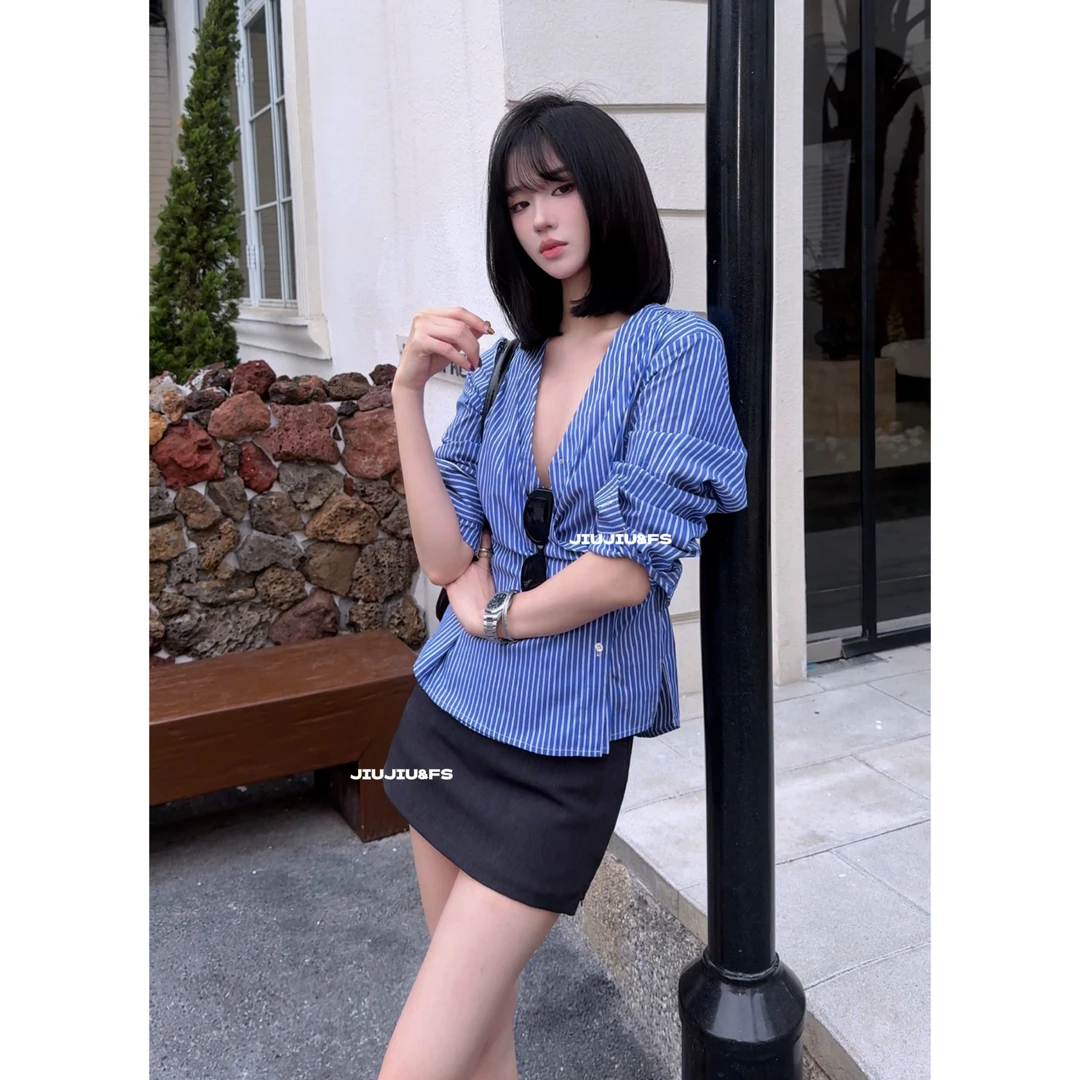 JIUJIU&FS”落日诺曼底“高端进口衣服高质感软而挺条纹衬衣女