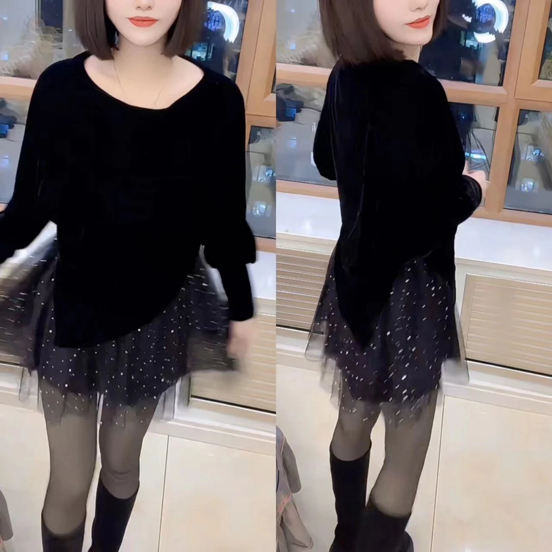 时尚显瘦气质洋气韩版拼接丝绒衫