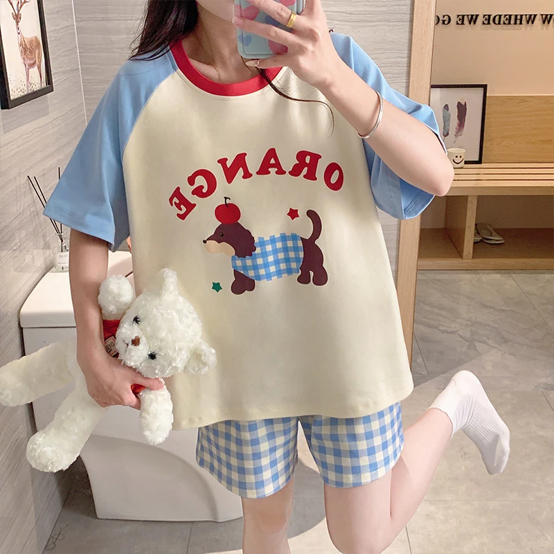 新款睡衣女夏短袖短裤可爱卡通小熊韩版仿棉两件套女士家居服套装