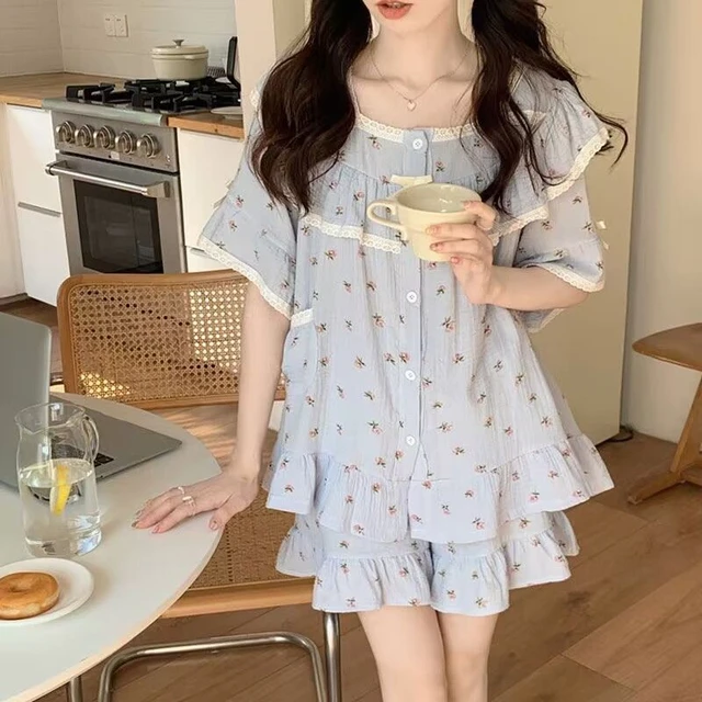 夏季2025年新款ins风棉睡衣女碎花荷叶边甜美学生家居服套装薄