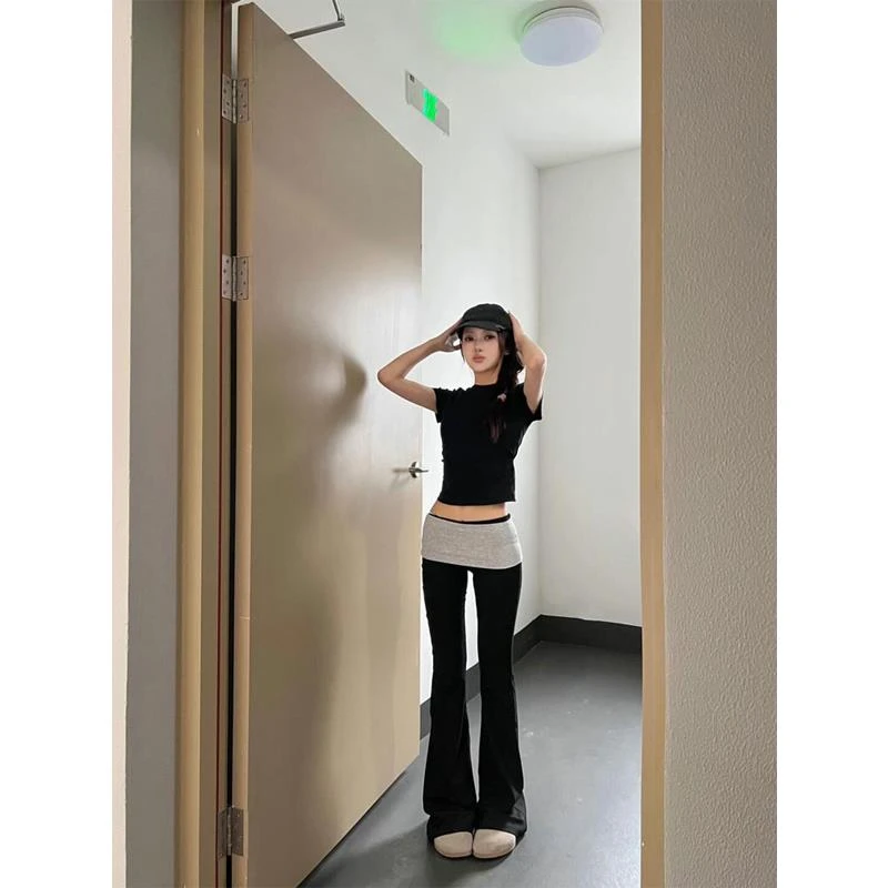 美式辣妹翻领高腰微喇叭裤女冬季薄款小个子高街阔腿拖地马蹄裤子