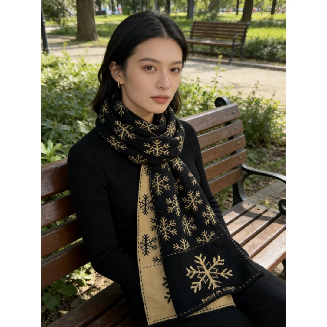 冬季氛围感双层雪花费尔岛纹北极绒保暖围巾女清新文艺风学生围脖