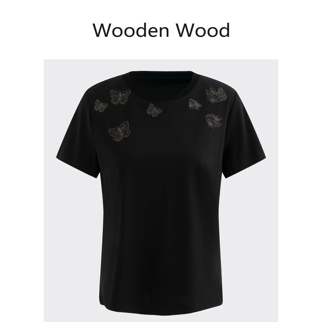 Wooden Wood“蝶舞纷飞”高端气质百搭刺绣蝴蝶休闲短袖T恤W24CS473
