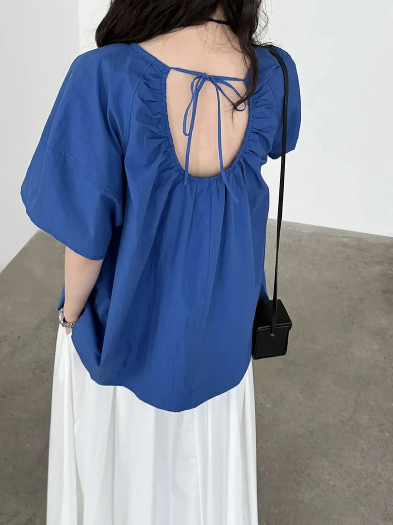 【轻氧多巴胺】后背绑带】韩风夏季宽松娃娃衫遮肉显瘦多色短袖上衣