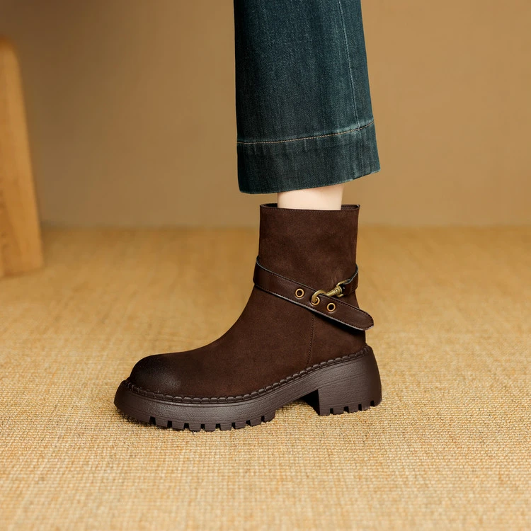 牛翻皮~5cm棕色短靴女美拉德大头靴子小个子厚底爆款英伦风马丁靴